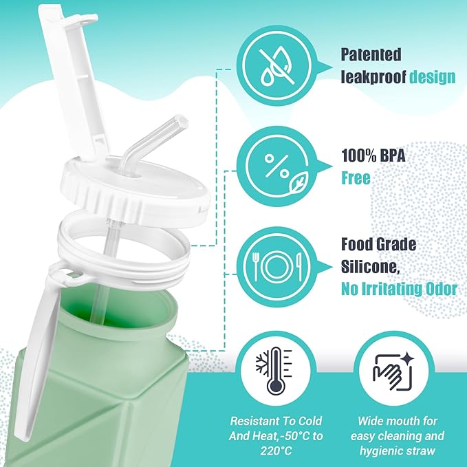 Collapsible Travel Water Bottles, Food Grade BPA Free Silicone Foldable Water Bottle, Leakproof Portable Expandable Water Bottles for Traveling, Camping, Hiking, Cycling & Sports Outdoor 620ml(2 Pack)