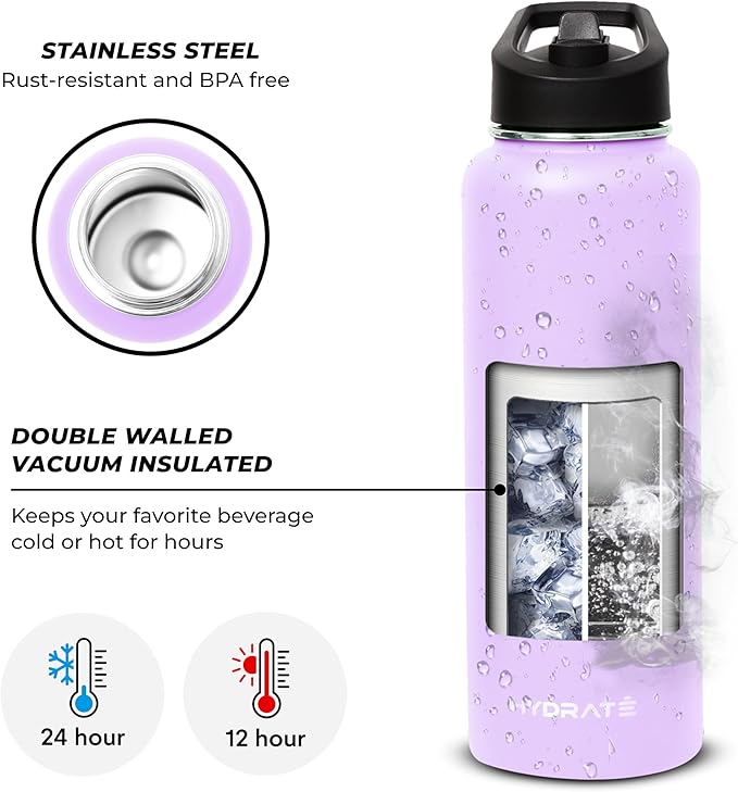 HYDRATE Insulated Stainless Steel Water Bottle - Large Reusable Flask with Leak-Proof Design and Convenient Handle - Double Vacuum Insulation for School, Work, or Adventure