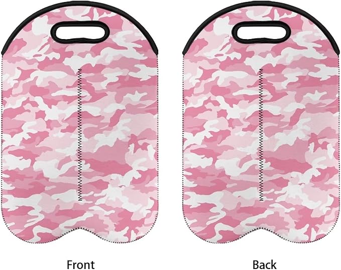 doginthehole 2 Bottle Insulated Wine Cooler Bag Camo Design Wine Carrier Tote Bag Pink Wine Bag Neoprene Champagne Bottle Protector Sleeve for Travel, Picnic, Party for Women Men Wine Lovers