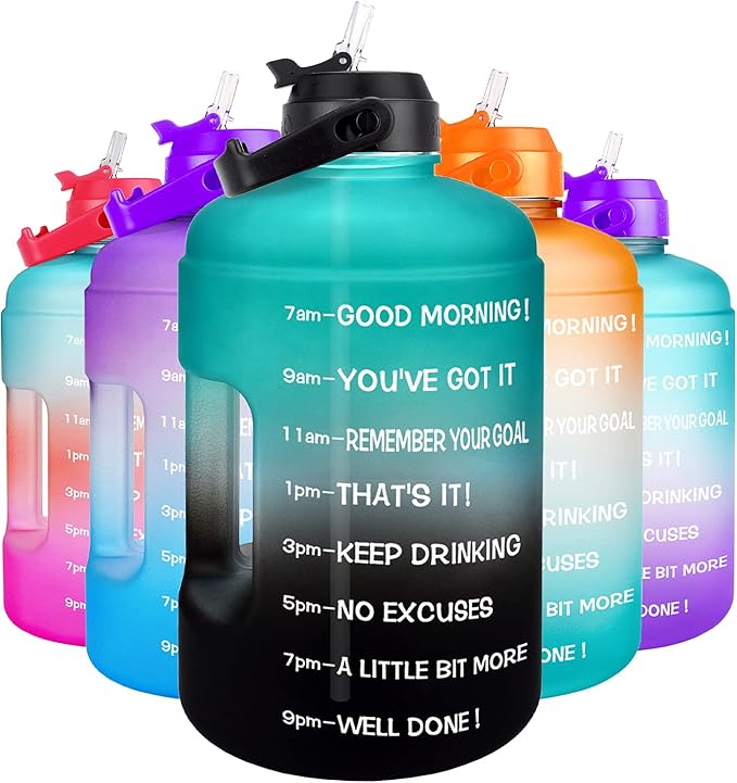 QuiFit Half Gallon Water Bottle - with Straw & Motivational Time Marker Leak-Proof BPA Free Reusable Gym Sports Outdoor Large(73OZ) Capacity Water Jug(Green/Black Gradient,Half Gallon)