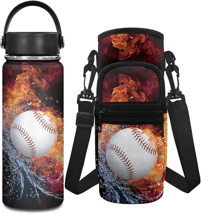 Baseball 20 OZ Insulated Water Bottle and Water Bottle Carrier Bag Set 2 Pcs Water Bottle Holder Carrier Sling Water Bottle Pouch Sleeve
