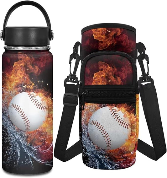 Baseball 20 OZ Insulated Water Bottle and Water Bottle Carrier Bag Set 2 Pcs Water Bottle Holder Carrier Sling Water Bottle Pouch Sleeve