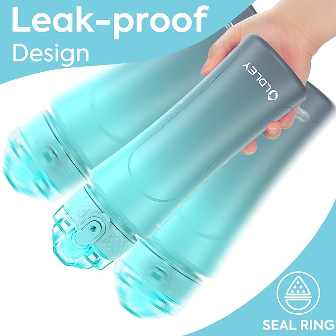 OLDLEY Kids Water Bottle with Straw 15 oz BPA-Free Leak-Proof Motivational Water Bottles with Time Marker for School Sports Travel Gym, Easy to Use for Girls Goys, 1 Straw Lid, Blue Grey