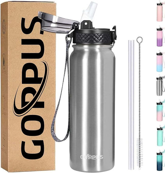 GOPPUS Kids Water Bottle with Straw 20oz Double Walled Metal Sports Insulated Stainless Steel Water Bottles Leak Proof with Strap Handle Stickers for Boys Girls School(Steel 1 Lid)