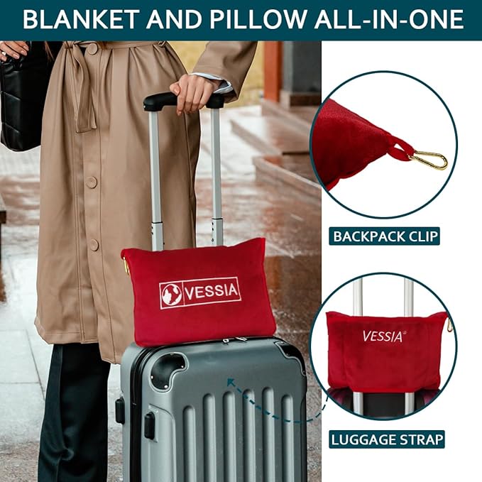 Vessia Travel Blanket for Airplane, Train and Car, Warm and Soft Travel Blanket in Bag for Adults and Kids, Portable Compact Long Flight Blanket with Luggage Sleeve, Backpack Clip(Red)