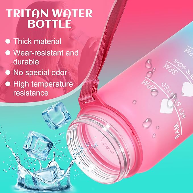 Water Bottle 32 oz, Motivational Sports Water Bottles Tritan BPA Free Water Bottle No Straw With Time Marker, Wide Mouth Leakproof Water Bottle with Strap for Gym Fitness Hiking Bike Camping - Pink