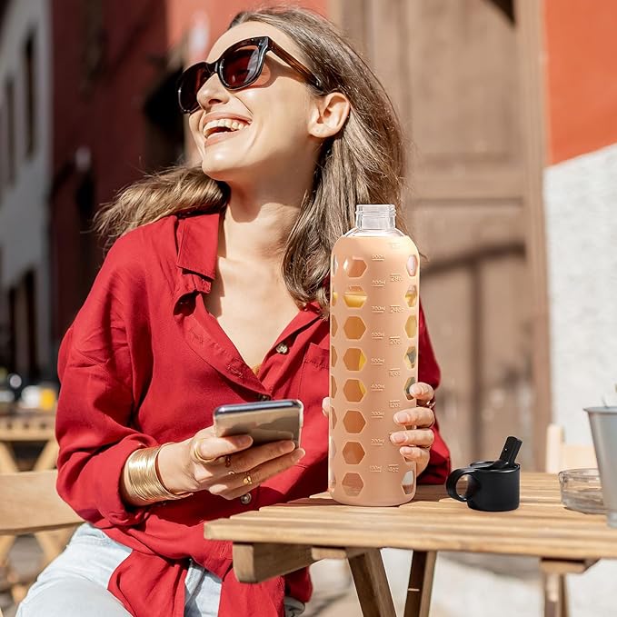 MUKOKO Glass Water Bottles, 32oz Glass Tumbler, Drinking Bottles with 2 Lids-Handle Flip Straw Lid&Bamboo Lid, Motivational Water Bottle with Time Marker and Silicone Sleeve, Leakproof-1 Pack-Amber