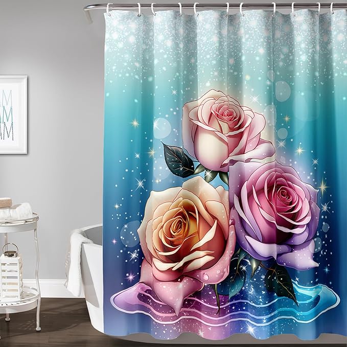 AILONEN Rose Shower Curtain for Bathroom Decor,Galaxy Pink Rose Bath Curtain Gifts for Girls Women,Modern Minimalism Curtain,Polyester Waterproof with 12 Plastic Hooks, 72" W*72" H