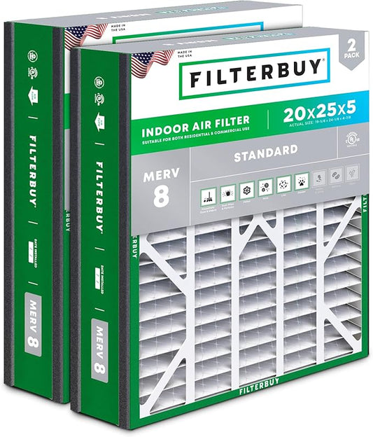 Filterbuy 20x25x5 Air Filter MERV 8 Dust Defense (2-Pack), Pleated HVAC AC Furnace Air Filters for Trion Air Bear, Generalaire, Skuttle, and More (Actual Size: 19.63 x 24.13 x 4.88 Inches)