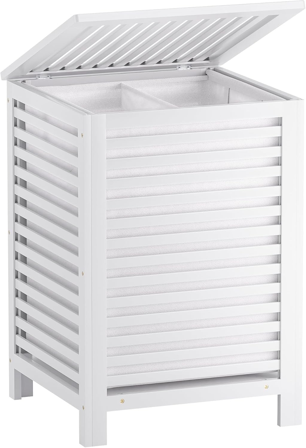 SMIBUY Double Laundry Hamper with Lid, 120L Bamboo Laundry Basket with Removable Liner Bag, 2-Section Clothes Divider Laundry Sorter for Laundry Room, Bathroom, Bedroom (White)