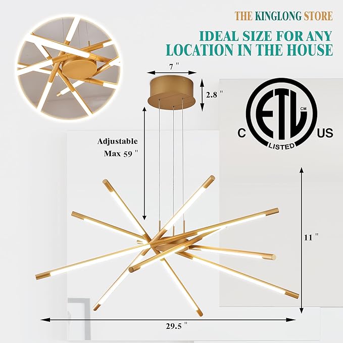 Gold 12-Light Modern Led Chandelier Flush Mount DIY Linear Art Deco Chandeliers Fixture for Dining Room，Staircase Bedroom，Bathroom，Living Room，Foyer and Kitchen Island Easy to Install Lamp