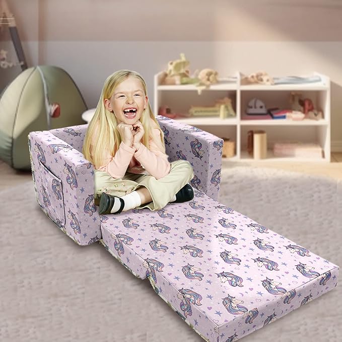 Kids Sofa, Children's 2 in 1 Convertible Relaxing Sofa to Lounger - Extra Soft Flip Open Chair & Sleeper, Cute Dinosaur Print Toddler Chairs Kids Couch for Kids Girls Boys, Polyester