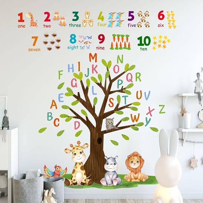 Kids Nursery Wall Decals, Alphabet Letters and Numbers, Animals Wall Stickers for Kids Room Decor