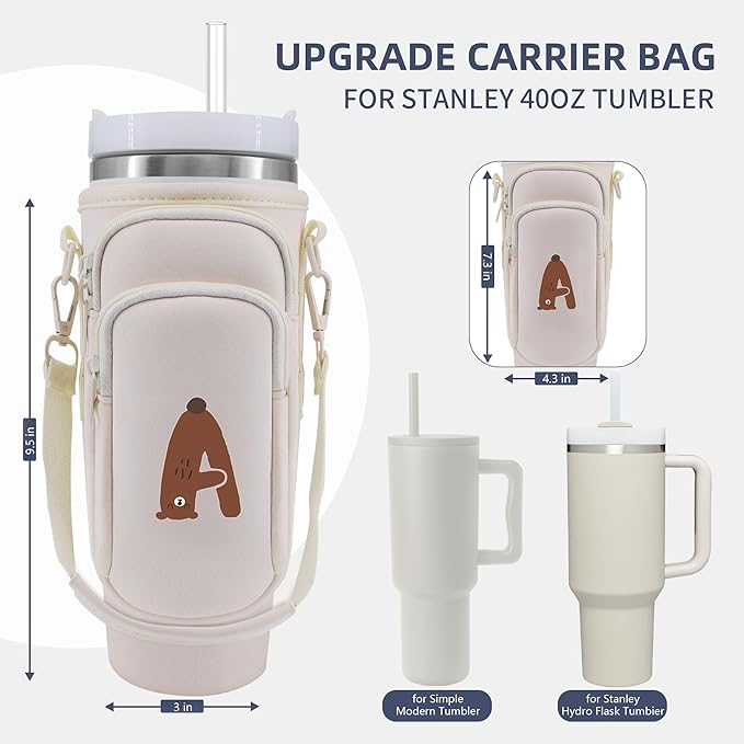 Water Bottle Carrier Bag with Phone Pocket for Stanley 40 oz Tumbler Neoprene Water Bottle Holder Pouch with Adjustable Strap Bollus with Straw Cover & Carabiner for Stanley Cup Accessories