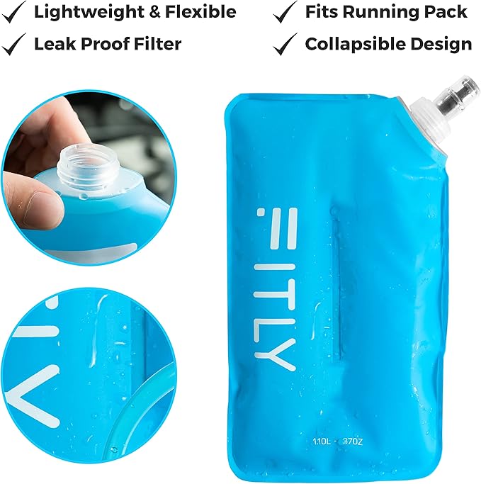 Soft Flask - 37 oz (1.10 L) - Shrink As You Drink Soft Water Bottle for Hydration Pack/Running Vest With Hydration Tube - Folding Water Bottle for Running, Hiking - Ski Water Bottles (F11)