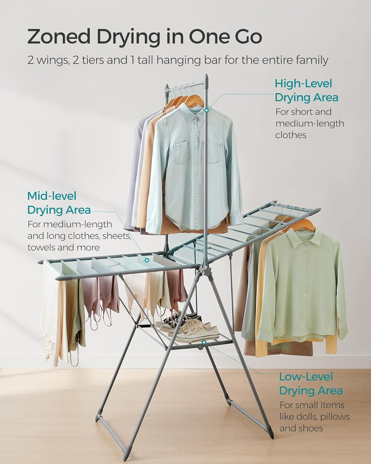 SONGMICS Clothes Drying Rack, Foldable 2-Level Laundry Drying Rack, Free-Standing Airer, 1 Additional Tall Hanging Bar, 2 Height-Adjustable Wings, 24 Drying Rails, Space Savng, Gray ULLR521G01