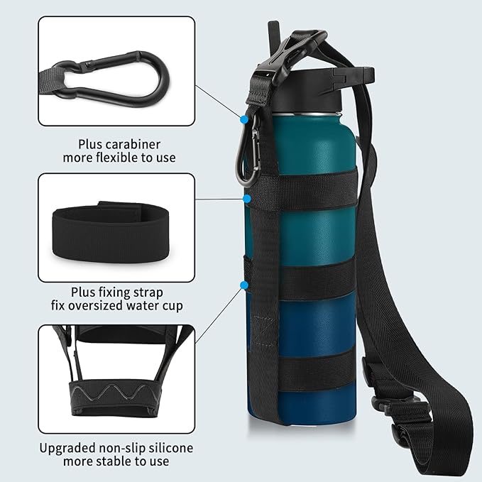 Water Bottle Holder Strap, for 16oz/24oz/32oz/64 oz Owala Hydro Flask IRON °FLASK Universal Water Bottles, with Carabiner，Phone Wrist Strap & Tether Tab, Hand Free for Hiking Travelling Camping
