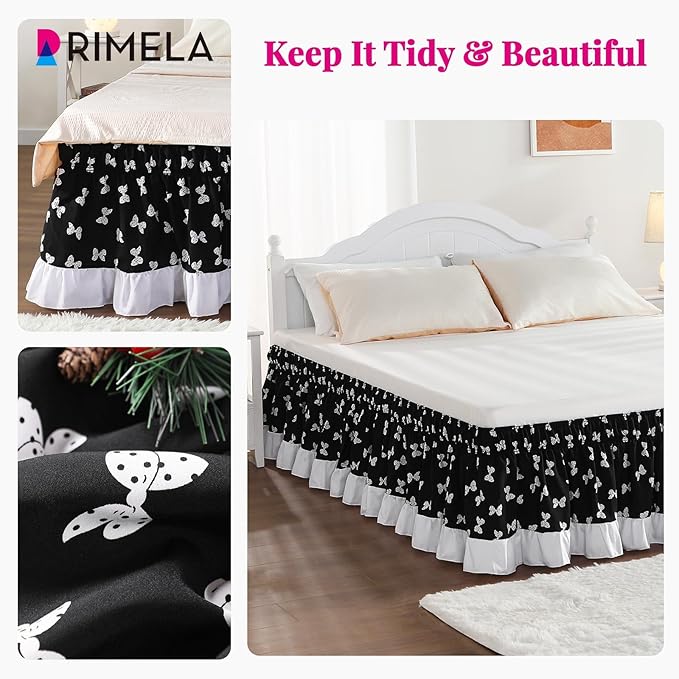 RIMELA Black Elastic Bed Skirt Queen Szie 16 inch Drop, Bedskirt Easy to Put On, Solid Wrap Around Dust Ruffle, Fade Resistant Silky Fabric Machine Washable