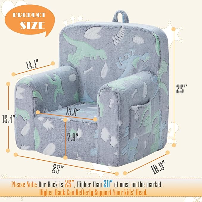Snuggly-Soft Cuddly Toddler Plush Armchair for Boys and Girls Glowing Grey Fuzzy Plush Kids Sofa Couch Reading Chair with Children Friendly Handle for Easy Movement & Double Pockets for Storage