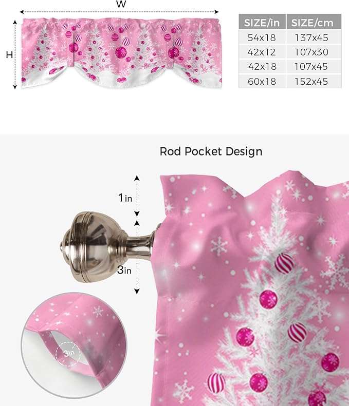 Pink Christmas Blackout Tie Up Valance Curtains for Kitchen Windows White Xmas Tree Snowflakes Pink Balls Window Toppers Balloon Shades for Living Room/Bathroom/Bedroom,1 Panel, 54" X 18", Winter