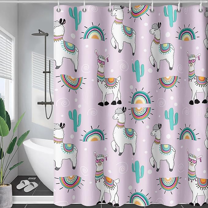AILONEN Cool Llama Shower Curtain,Purple Desert Cactus Llama Bath Curtain,Polyester Water for Bathroom with 12 Plastic Hooks,72" W*84" H Purple