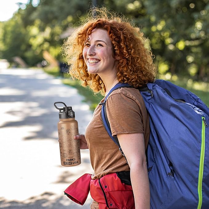 National Parks Water Bottle with Stickers and Straw,32oz Double Wall Vacuum Wide Mouth Insulated Water Bottle for Travel,BPA-free and Leak-proof (32oz,Mocha)