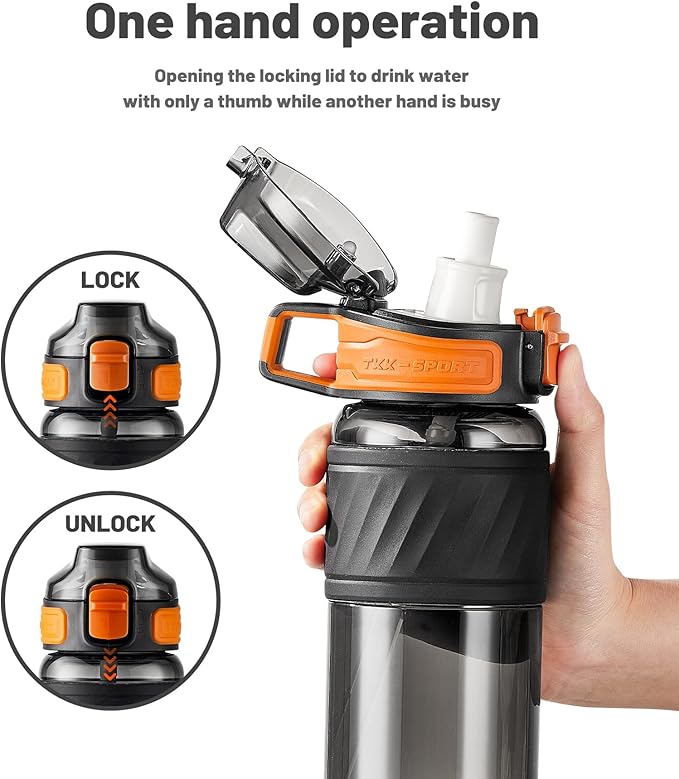 TKK 15oz Sports Water Bottles with Removable Straw Durable BPA Free Tritan Bottles Leak-Proof Water Bottles for School, Fitness, Gym, Outdoor, Black