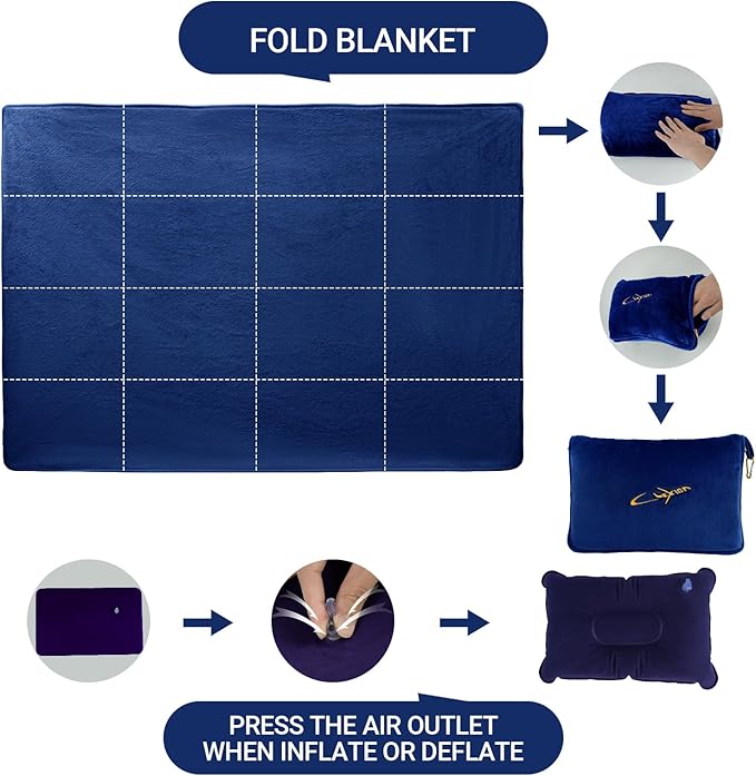 3 in 1 Travel Pillow and Blanket Set, Premium Soft 300 GSM Thick Airplane Blanket Compact with Bag for Long Trips Essentials, Hand Luggage Sleeve and Backpack Clip (Navy)