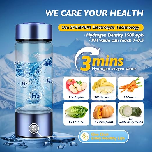 Hydrogen Water Bottle - Rechargeable High Concentration Hydrogen Generator, Portable Design, Food-Grade Materials, Easy to Use and Clean, 420ml,Blue Cover