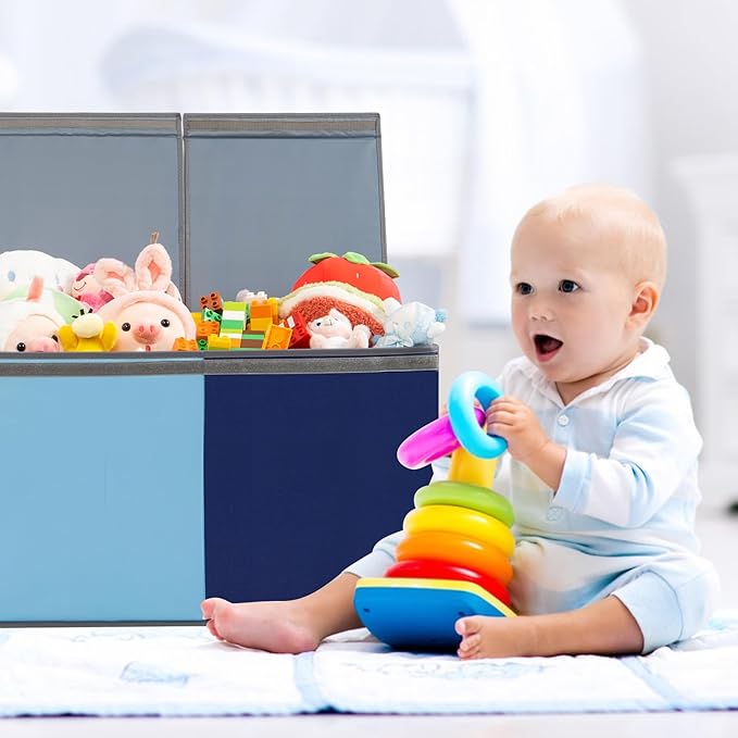 Large Toy Box Chest with Lid, Oxford Collapsible Sturdy Toy Storage Boxes Bins Baskets for Boys, Girls, Closet, Playroom, Nursery Room, 39"x15.5"x13" (Light Blue & Dark Blue)