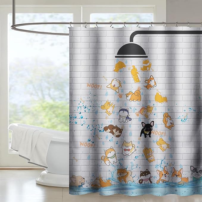 AILONEN Cute Corgi Shower Curtain for Kids 72" W*96" H Inch,Funny Dog Cartoon Corgi Animals Playing Water Shower Curtains,12 Pack Hooks Polyester Waterproof Fabric Decor for Bathroom Bathtub Panels