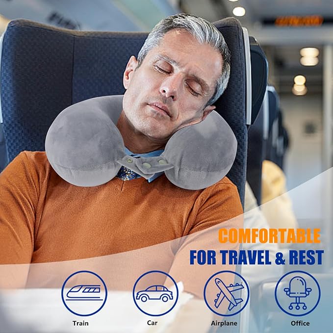 SAIREIDER Travel Pillows for Sleeping Airplane 100% Pure Memory Foam Neck Pillow for Airplanes Washable Cover(Grey)