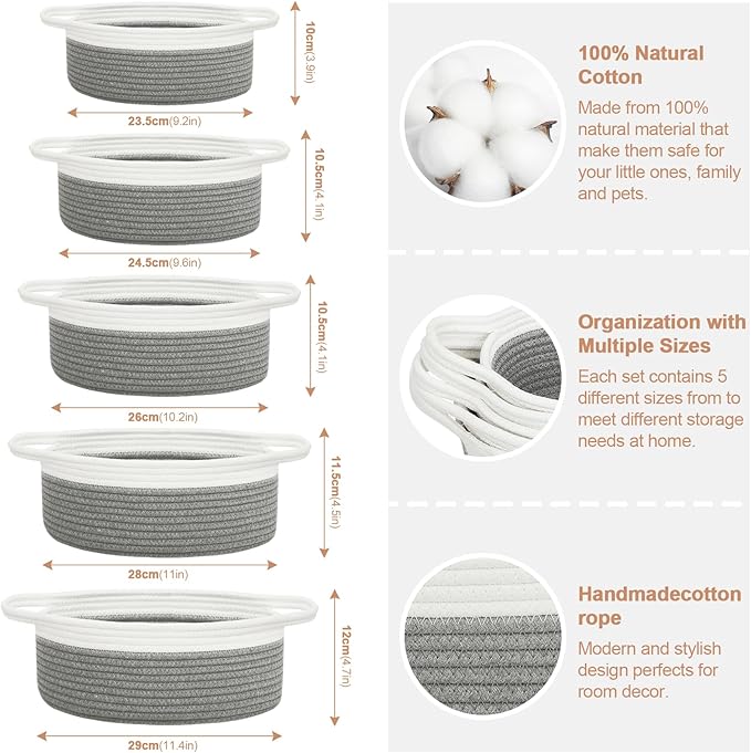 Small Woven Basket with Handles, 5 Pack Cotton Rope Room Shelf Storage Basket for Organizing Small Round Basket Baby Nursery Bins, White (Off White & Gray)