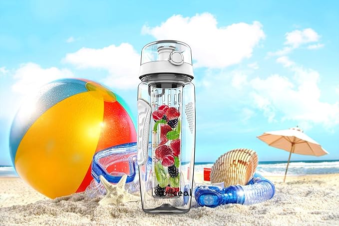 Fruit Infuser Water Bottle 32oz- Durable, Large - BPA Free Tritan, Flip Lid, Leak Proof Design - Sports, Camping