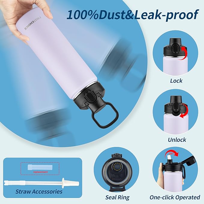 Insulated water bottle with Straw,24oz Stainless Steel Water Bottle for Adult Kids,Double Wall Vacuum Wide Mouth Insulated Water Bottle for Sports,BPA-free and Leak-proof（24oz,Lavender）