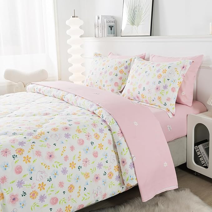 Wajade Floral Comforter Set Bed in A Bag Full Size 7 Piece Botanical Flower Green Leaves Rabbits Bedding Set for Girls (1 Comforter, 1 Flat Sheet, 1 Fitted Sheet, 2 Pillowcase and 2 Pillow Sham)