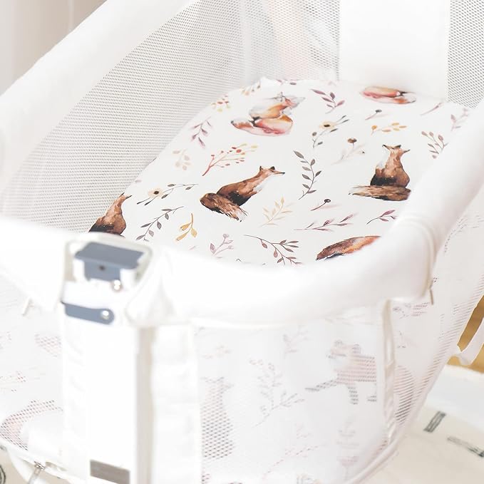 GRSSDER Stretchy Ultra Soft Fitted Bassinet Sheet Set 3 Pack, Universal Fit for Bassinets Baby Cradle Moses Basket Oval Rectangle Mattress, Pretty Fox for Baby Girls