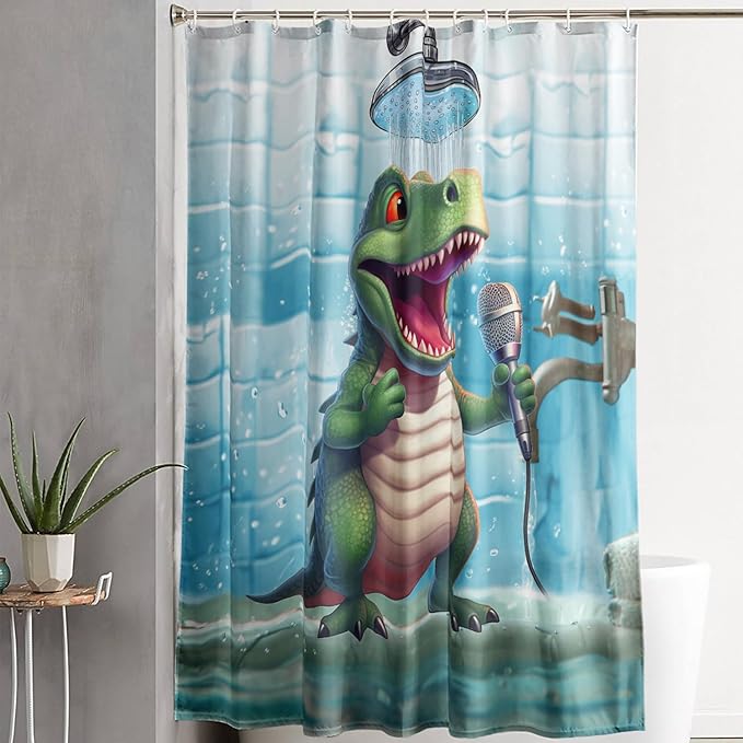 AILONEN Cartoon Dinosaur Shower Curtain for Kids Boys,Funny Singing Dinosaur Waterproof Fabric Shower Curtain for Bathroom,Lovely Green Dinosaur Shower Curtain Set with Hooks,72" W*72" H