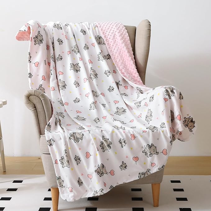 DaysU Silky Micro Soft Plush Baby Blankets for Girls with Print Animal Pattern and Soothing Raised Dots, Double Layer Bed Throws for Toddler Cot, Elephant, Pink, 50x60 Inches