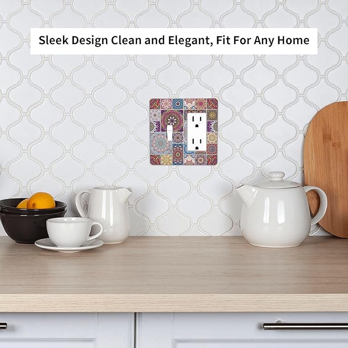 Morocco Talavera Mexican Tiles Printed Colroful Mandala 2 Gang Single Toggle Rocker Combination Light Switch Covers Wall Plate Cover Electrical Faceplate Decorative Switchplate for Kitchen Bathroom