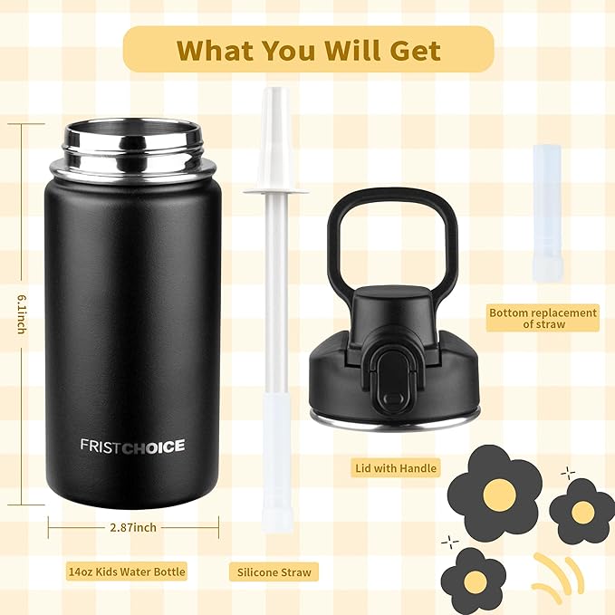Kids Insulated Water Bottle with Straw,14oz Stainless Steel Water Bottle,BPA-free and Leak-proof,Double Wall Vacuum Water Flask for School,Gifts for Boys and Girls（14oz,Black）