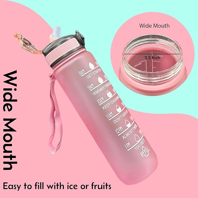 Yaa Fresh Water Bottles, 32oz Motivational Sports Water Bottle with Time Marker-Times to Drink-Tritan, BPA Free, Leakproof water bottle (1 Pack) (Pink), 1101-1