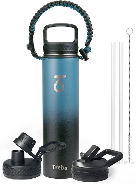 Trebo 24 oz Water Bottle Insulated with Lid and Straw,Double Wall Vacuum Stainless Steel Metal Tumbler Sports Flask with Paracord Handle, Keep Cold 48 Hours Water Cup with 3 Lids, Indigo/Black