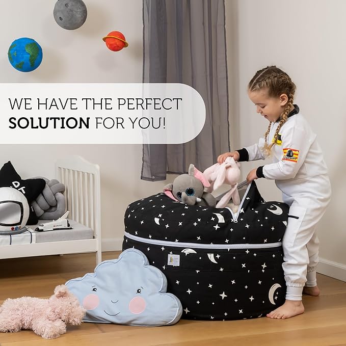 Stuffed Animal Storage Bean Bag Chair Cover for Kids & Adults | Washable XL Stuffie Seat | 100% Cotton | Pouf Organizer for Plush Toys, Linens, Quilts & Pillows | Starry Night