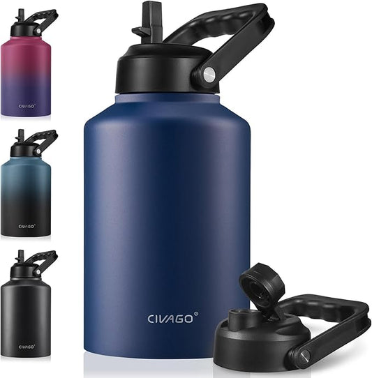 CIVAGO Gallon Insulated Water Bottle Jug with Straw, 128 oz Large Stainless Steel Sports Metal Water Canteen with Handle, Big Thermal Water Cup Mug with 2 Lids for Camping & Fishing, Navy Blue