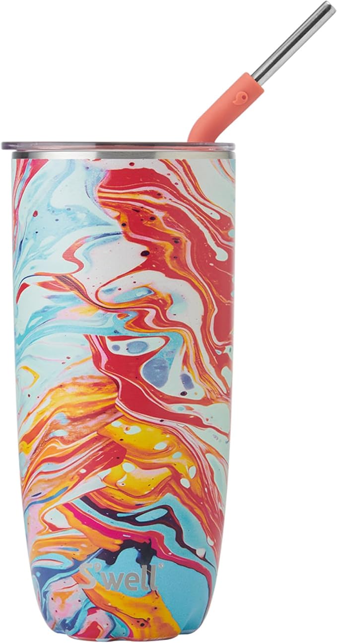 S'well Stainless Steel Tumbler with Straw and Slide-Open Lid, 24oz, Marble Swirl, Triple Layered Vacuum Insulated Containers Keeps Drinks Cold for 18 Hours and Hot for 5, BPA Free
