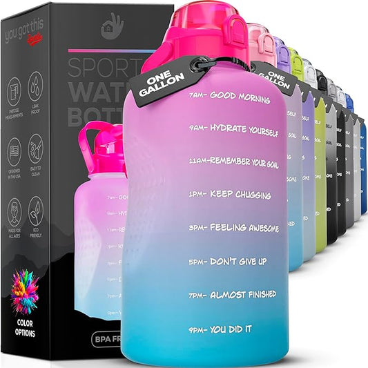 Motivational Water Bottle with Straw & Handle,One Gallon Water Bottle 128 oz/3.8L,Reusable Water Jug, Achieve All-Day Hydration SpillProof, BPA FREE