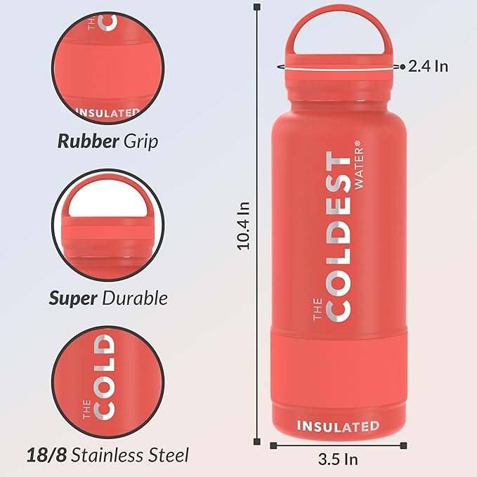 Coldest Insulated Water Bottle with Handle Lid | Leak Proof, Insulated Modern Stainless Steel, Triple Walled, Sport Thermos Bottles, Metal Flask | 32oz