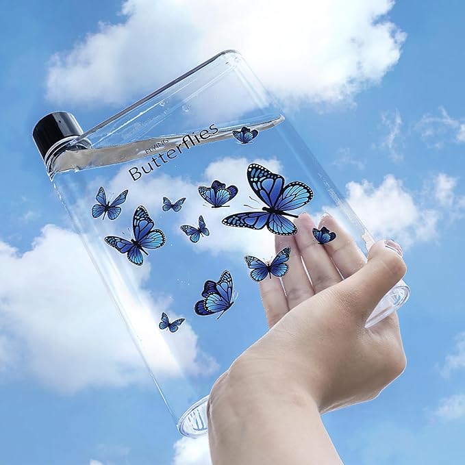 Flat Water Bottle 420ml,Plastic Portable Flat Water Bottle for Purse,Square Water Bottle Flat for Sports Gym Fitness Outdoor,Butterfly