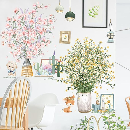 Pink Flowers Potted Plants Wall Decals 3D Simulation Green Plants Wall Stickers Removable Vinyl Peel and Stick for Living Room Bedroom Kitchen Playroom Sofa TV Background Art Decorations